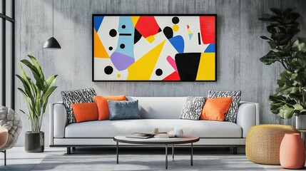 Modern living room with colorful abstract art, stylish furniture, and vibrant decor in an urban apartment setting