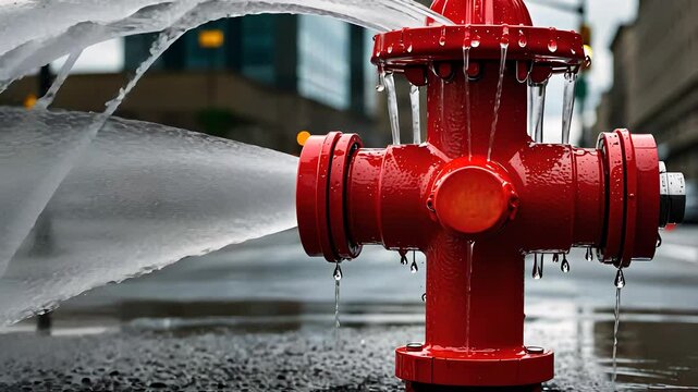 Red Fire Hydrant Spraying Water on Wet Street
