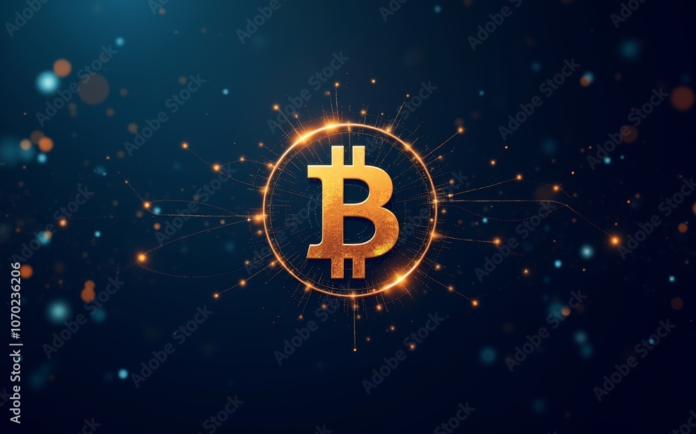 Poster abstract bitcoin cryptocurrency network technology background with glowing bitcoin symbol and shimme
