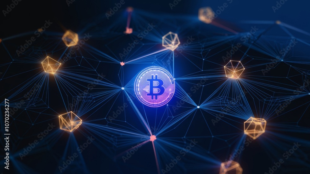 Poster abstract bitcoin cryptocurrency network technology background featuring glowing bitcoin and connecti