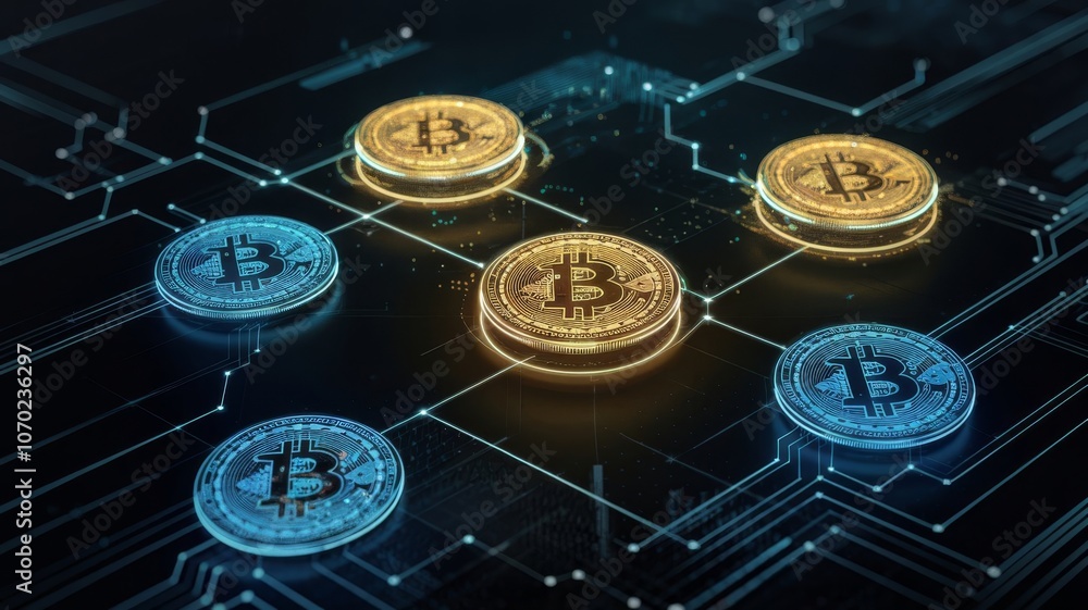 Poster abstract bitcoin cryptocurrency network technology background with glowing coins and circuits