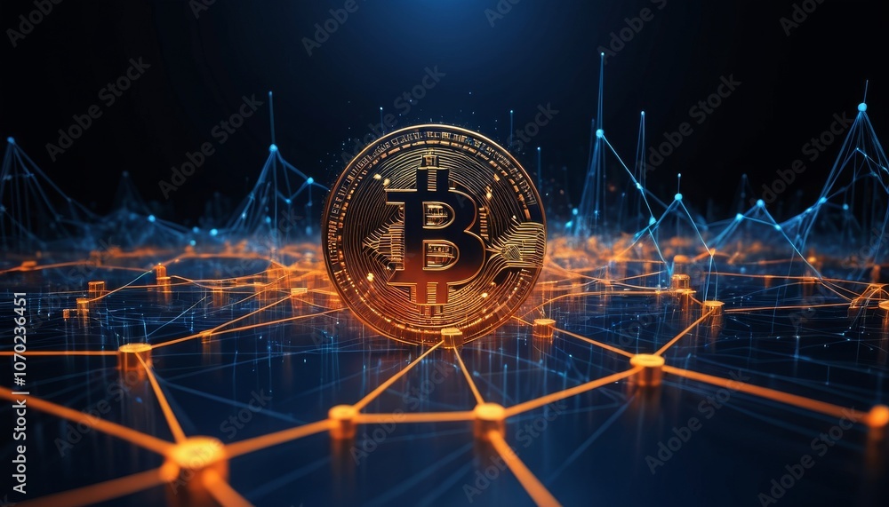 Poster abstract bitcoin cryptocurrency network technology background with golden coin and connection lines