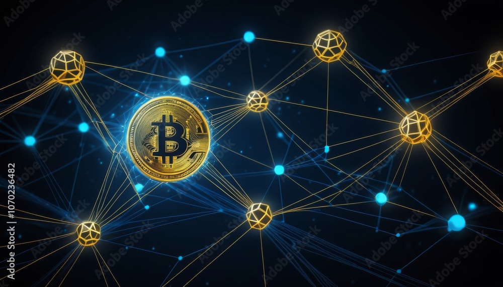 Poster abstract bitcoin cryptocurrency network technology background featuring golden coins and nodes