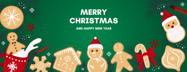 Merry Christmas banner. Gingerbread Cookies. Cute illustration of decorated christmas cookies. Santa, star, snowman, tree, snowflake, mitten, house, snowflake, candy.