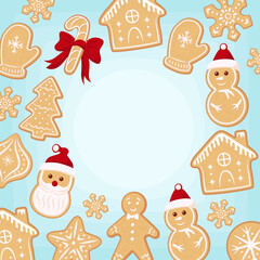 Stock vector gingerbread cookies blue background. Copy space in the middle square christmas greeting card.