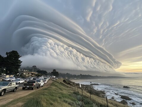 Arcus cloud formation rolling toward the coast, appearing like an ocean wave in the sky