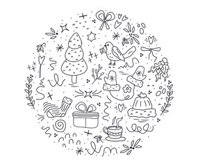 round pattern, Fir tree, stars, dots, snow,  line drawing. Holiday design elements are isolated on white background. Simple shape conceptfor winter season cards, for  party poster, banner, print. png