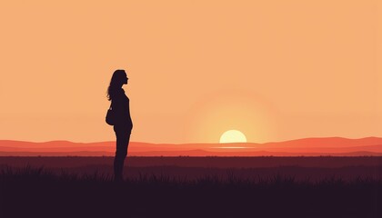 Fototapeta premium Lone woman silhouette standing on the field at sunset in warm colors