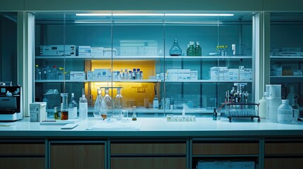 A well-equipped laboratory with glassware and chemicals on the countertop and shelves, lit by overhead fluorescent lights.