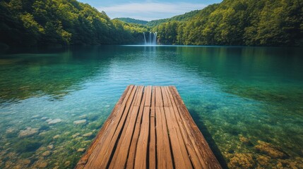 Serene Lake with Waterfall and Wooden Pier