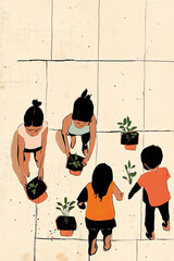 Five children arranging and organizing potted plants on a tiled surface, participating in a gardening project that promotes environmental awareness and cooperative learning.