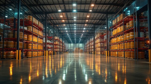 Bright Indoor Warehouse with Organized Drum Layout