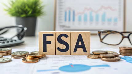 FSA word on wood blocks concept with chart, coins, notebook and glasses.Business concept
