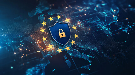 The EU map with a shield in the middle symbolizes the EU General Data Protection Regulation (GDPR) and DORA, which were designed to harmonize data privacy laws across Europe.

