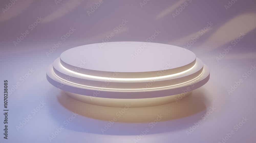 Poster 3d rendered illuminated podium with layered design on soft pastel background for product showcase