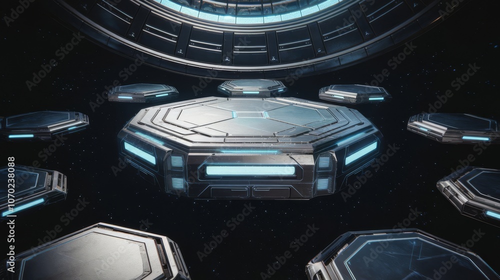 Poster 3d rendered futuristic podium surrounded by hexagonal platforms in outer space for product showcase