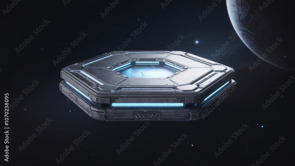 Aufkleber 3d rendered hexagonal podium with glowing blue accents floating in outer space for product display