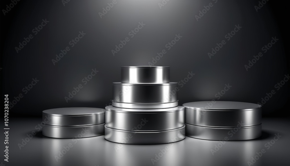 Poster 3d rendered metallic podium with circular steps on dark background for product showcase