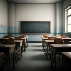 a classroom with a green chalkboard on the wall and a picture of a green board on the wall, a classroom with a chalkboard that says  the word  on it.

