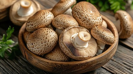 A wooden bowl filled with fresh brown mushrooms on a rustic wooden table.