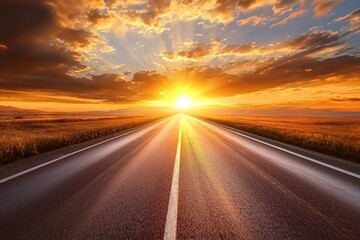 Naklejka premium Racing Road into the Glowing Horizon at Sunset