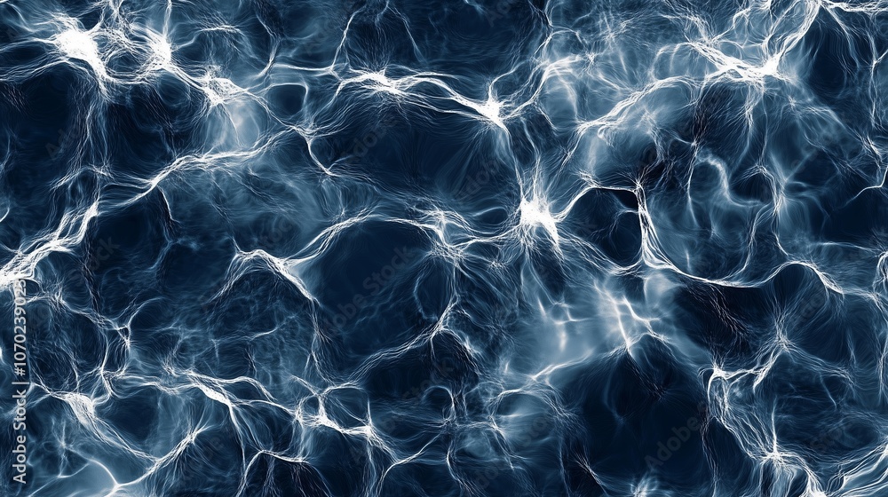 Poster abstract representation of flowing water with light reflections creating a dynamic pattern in deep b