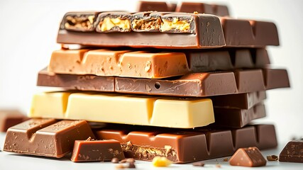 A close-up view of a stacked assortment of chocolate bars, with different flavors and textures, showcasing the enticing variety of this beloved confection.