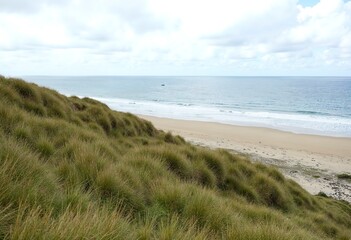 A coastal landscape with a grassy hill overlooking the beach and ocean. In the distance, a small boat can be seen on the water