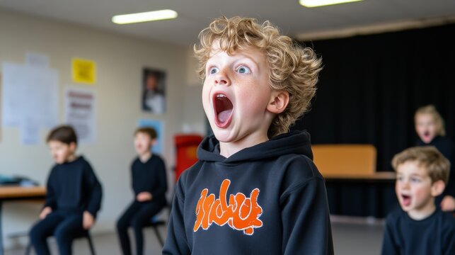 Children enthusiastically participating in a theater workshop at a community center during an afternoon session