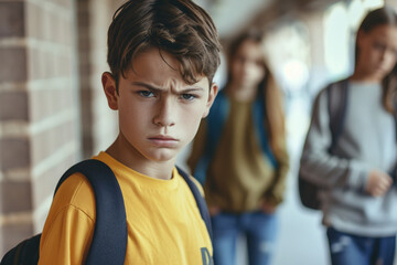 Fototapeta premium Intense close-up of a young sad frightened boy girl facing bullying at school, surrounded by peers, Generative AI