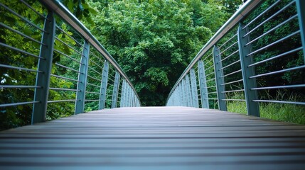 A wooden bridge with metal railings leading into a forest.