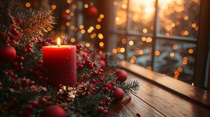 A classic Christmas scene featuring festive decorations and the warm glow of candlelight, capturing the cozy, intimate atmosphere of a holiday-ready home. Generative AI