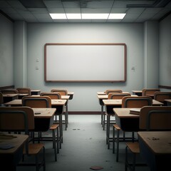 a classroom with a green chalkboard on the wall and a picture of a green board on the wall, a classroom with a chalkboard that says  the word  on it.
