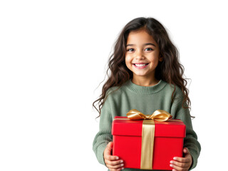 Portrait of a cheerful young girl holding a large present, isolated on transparent background