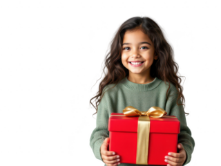 Portrait of a cheerful young girl holding a large present, isolated on transparent background