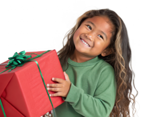Portrait of a cheerful young girl holding a large present, isolated on transparent background