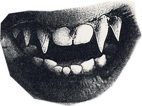 Collage halftone photo vampire mouth with sharp teeth