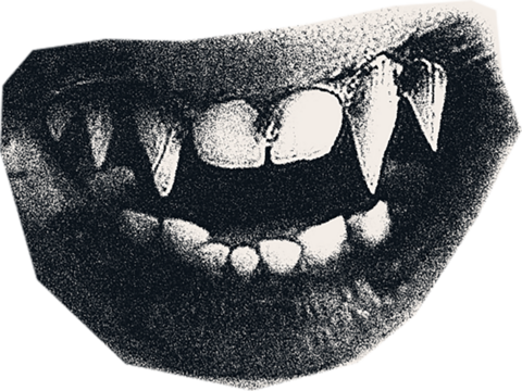 Collage halftone photo vampire mouth with sharp teeth