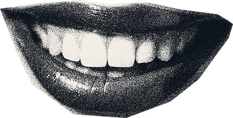 Magazine clipping, halftone photo of a woman's beautiful plump lips, open mouth, emotions.