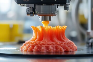 High-detail view of 3D food printer dispensing ingredients to form dessert.