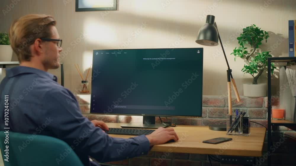 Aufkleber Creative Prompt Engineer Sits at a Desk Using a Computer, Using AI Chatbot Virtual Assistant. Ai-powered Tool Enhances Task Management and Boosts Efficiency Through Intelligent Productivity Assistance