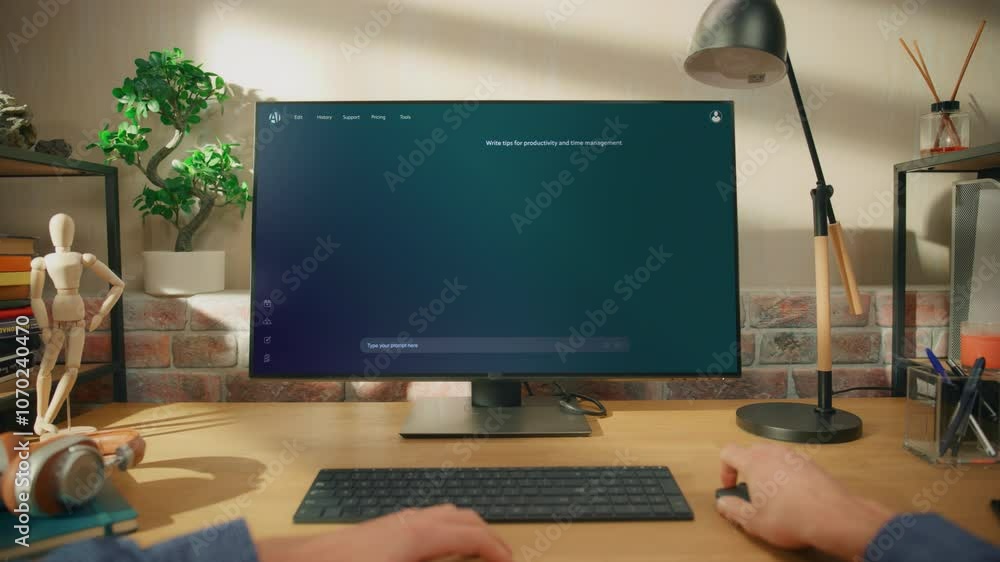 Poster POV Shot: Person Using Computer and Screen Displays an AI Chatbot Interface With Productivity Tips. AI Virtual Assistant Helps ask Management, Enhanced Efficiency and Productivity. Point of View Angle