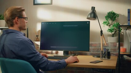 Creative Prompt Engineer Sits at a Desk Using a Computer, Using AI Chatbot Virtual Assistant. Ai-powered Tool Enhances Task Management and Boosts Efficiency Through Intelligent Productivity Assistance