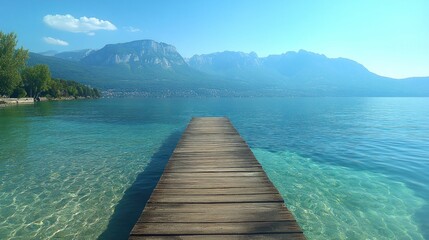 Obraz premium Tranquil Mountain Lake and Wooden Pier