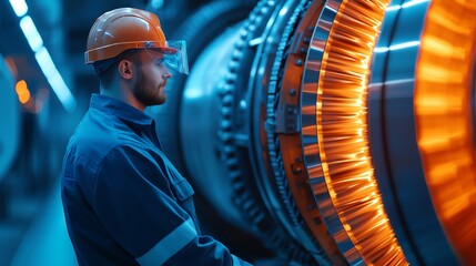 Mechanical engineer designing a prototype turbine with 3D modeling software, holographic interface, cool lighting, side profile