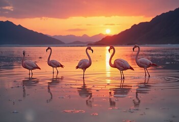 Naklejka premium A flock of pink flamingos standing in a shallow, reflective salt lake with a mountainous landscape in the background under a clear blue sky