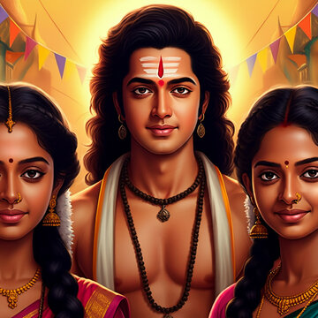 Lord Kartikeya with his consorts Valli and Deivanai, symbolizing divine companionship, love, and unity, set against a festive backdrop