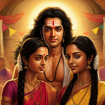 Family portrayal of Lord Kartikeya with his consorts Valli and Deivanai, symbolizing love, unity, and divine companionship