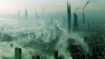 Towering Towers, Troubled Skies: A City Choked by Overpopulation.Dystopian future, overpopulation, environmental pollution, urban decay, urban sprawl, environmental degradation, climate change.