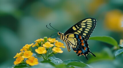 Fototapeta premium A yellow and black butterfly with blue and red accents sits on a cluster of yellow flowers with green foliage in the background.